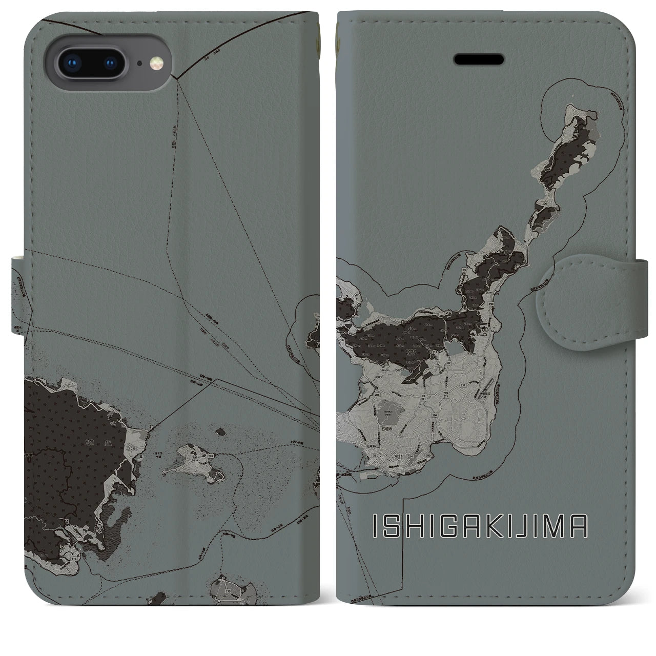 【石垣島(沖縄県)】地図柄iPhoneケース(手帳タイプ)モノトーン・iPhone 8Plus /7Plus / 6sPlus / 6Plus 用