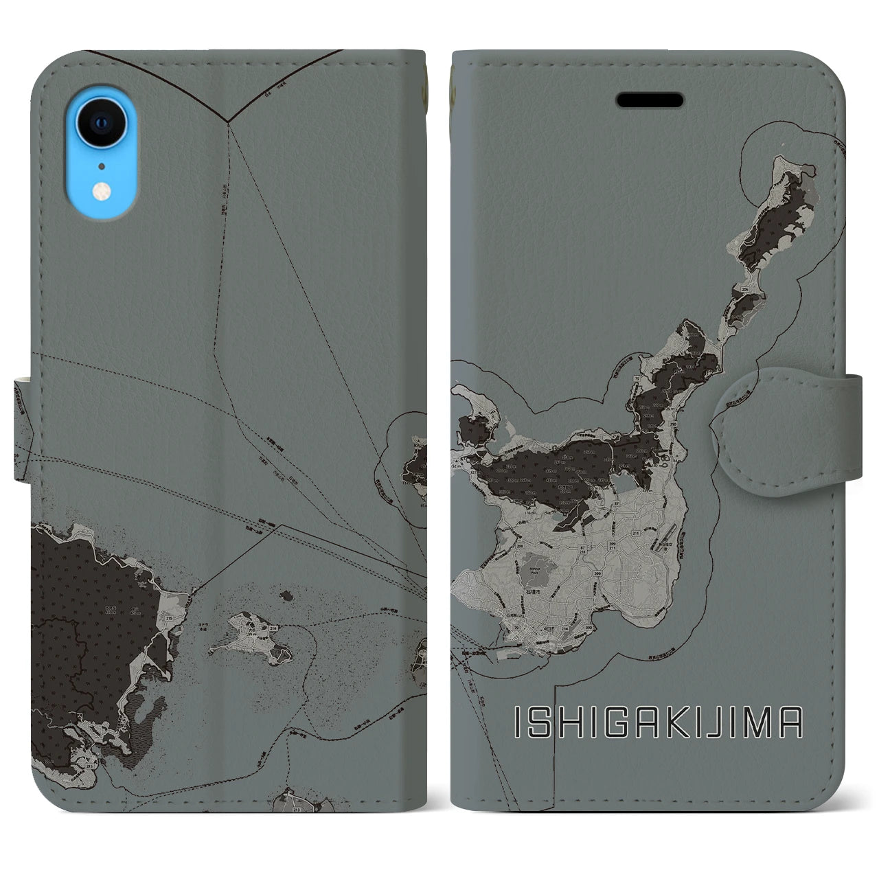 【石垣島(沖縄県)】地図柄iPhoneケース(手帳タイプ)モノトーン・iPhone XR 用
