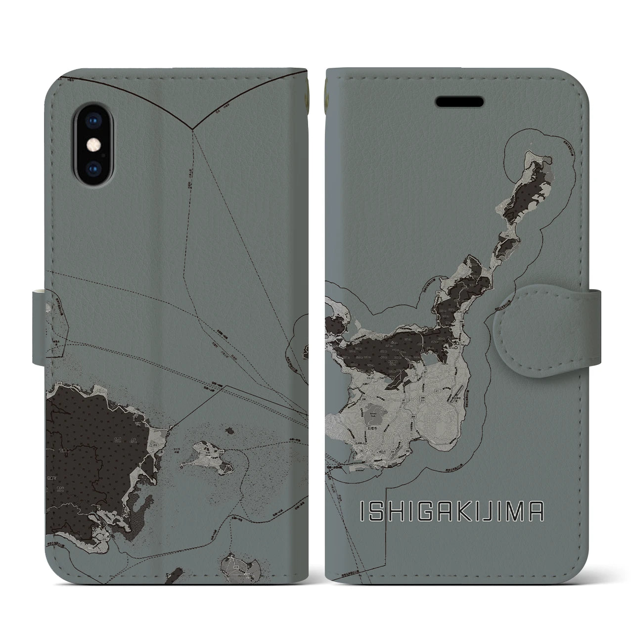 【石垣島(沖縄県)】地図柄iPhoneケース(手帳タイプ)モノトーン・iPhone XS / X 用