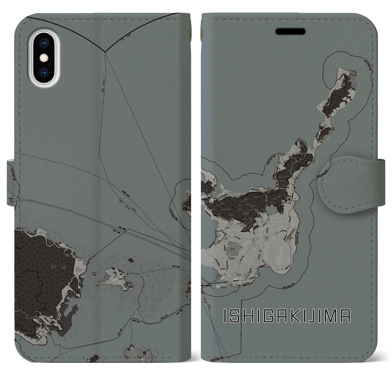 【石垣島(沖縄県)】地図柄iPhoneケース(手帳タイプ)モノトーン・iPhone XS Max 用
