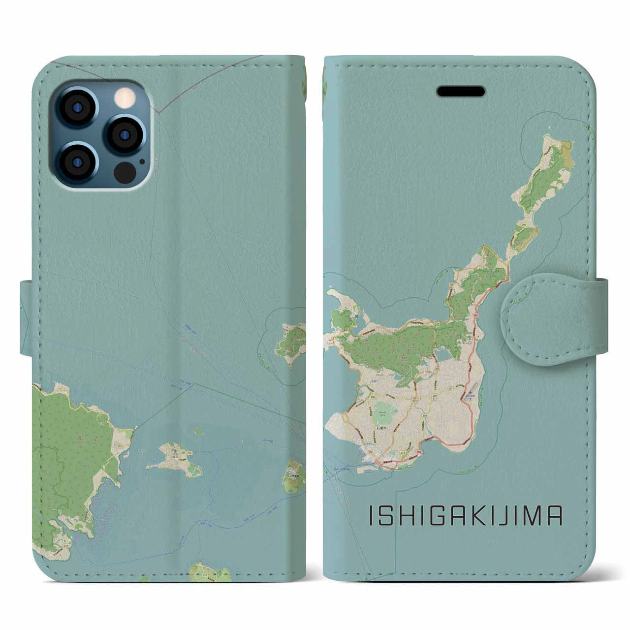 【石垣島(沖縄県)】地図柄iPhoneケース(手帳タイプ)ナチュラル・iPhone 12 / 12 Pro 用