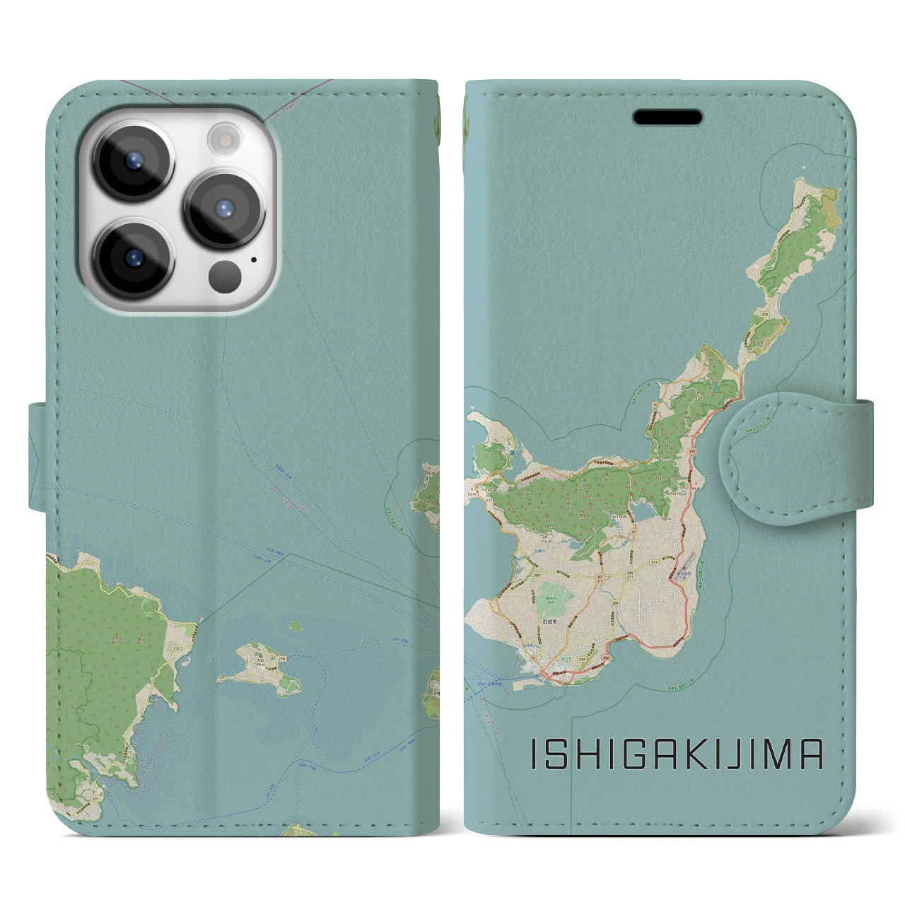 【石垣島(沖縄県)】地図柄iPhoneケース(手帳タイプ)ナチュラル・iPhone 14 Pro 用