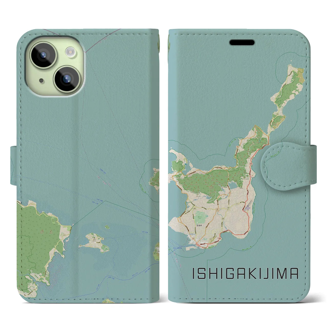 【石垣島(沖縄県)】地図柄iPhoneケース(手帳タイプ)ナチュラル・iPhone 15 用