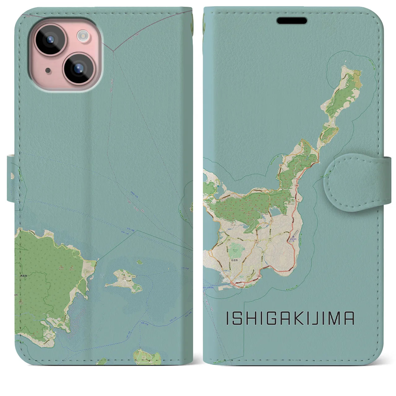 【石垣島(沖縄県)】地図柄iPhoneケース(手帳タイプ)ナチュラル・iPhone 15 Plus 用