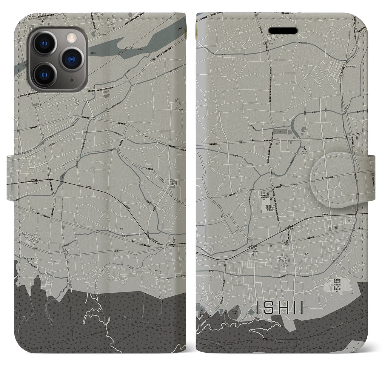 【石井(徳島県)】地図柄iPhoneケース(手帳タイプ)モノトーン・iPhone 11 Pro Max 用