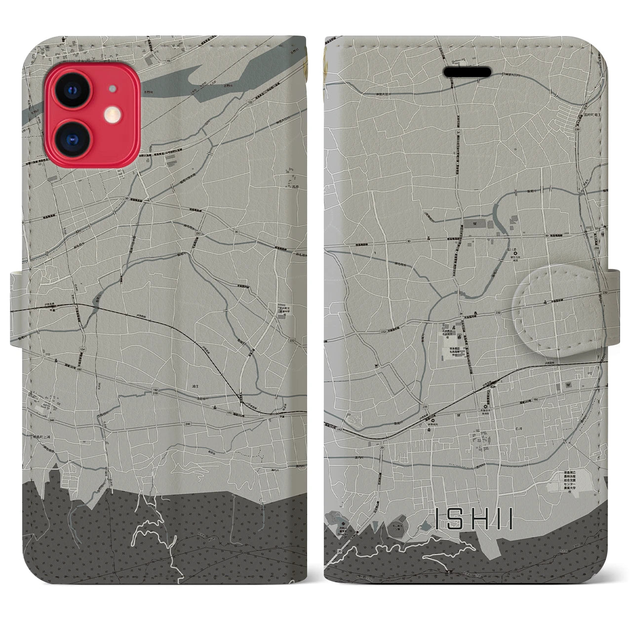 【石井(徳島県)】地図柄iPhoneケース(手帳タイプ)モノトーン・iPhone 11 用