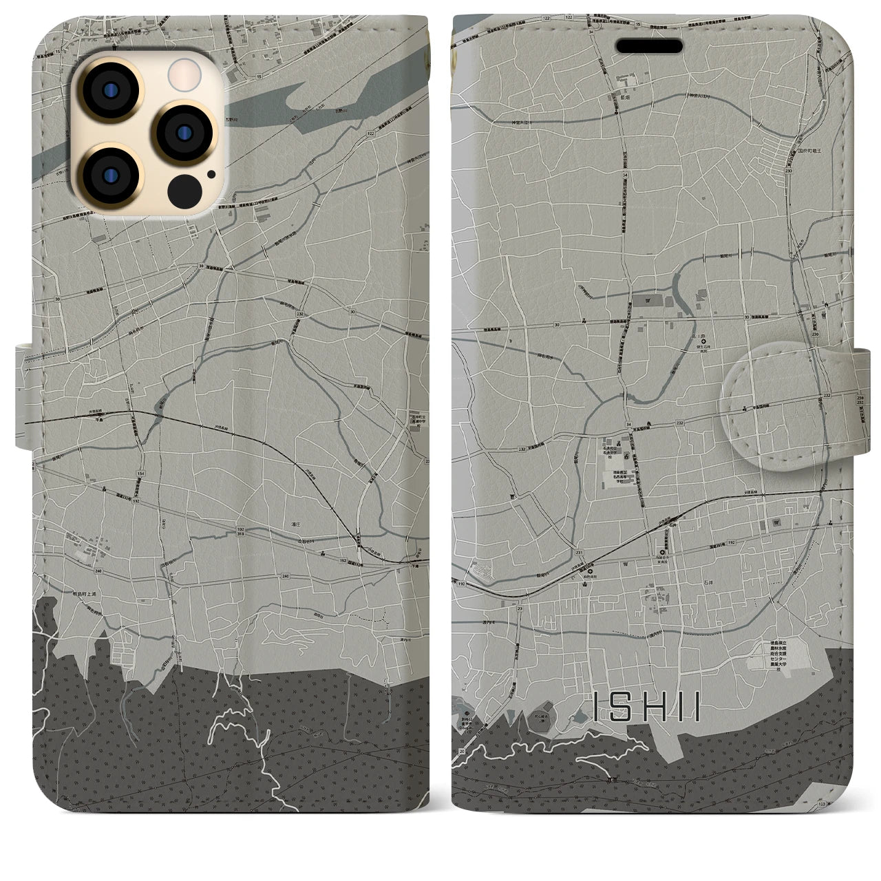 【石井(徳島県)】地図柄iPhoneケース(手帳タイプ)モノトーン・iPhone 12 Pro Max 用