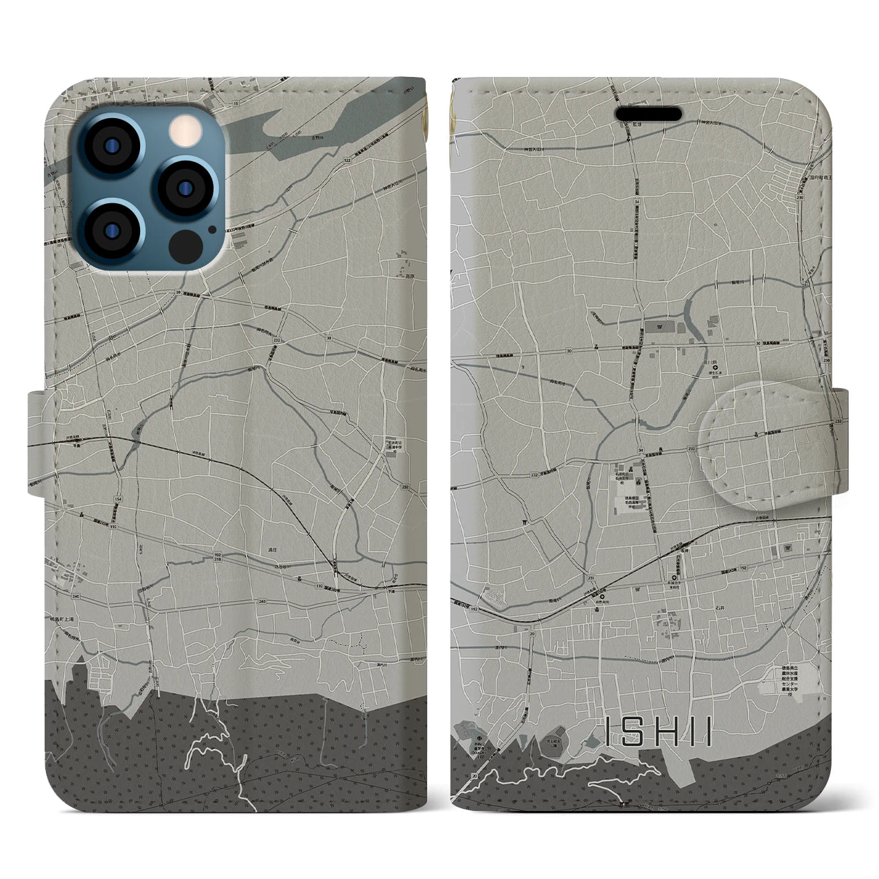 【石井(徳島県)】地図柄iPhoneケース(手帳タイプ)モノトーン・iPhone 12 / 12 Pro 用