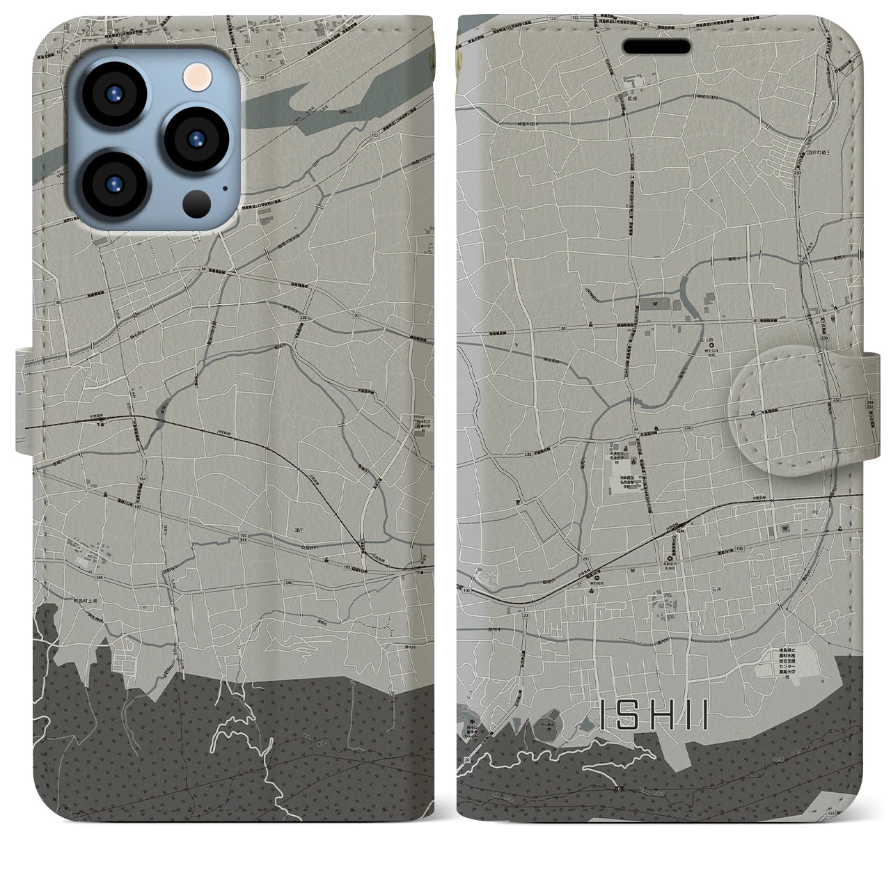 【石井(徳島県)】地図柄iPhoneケース(手帳タイプ)モノトーン・iPhone 13 Pro Max 用