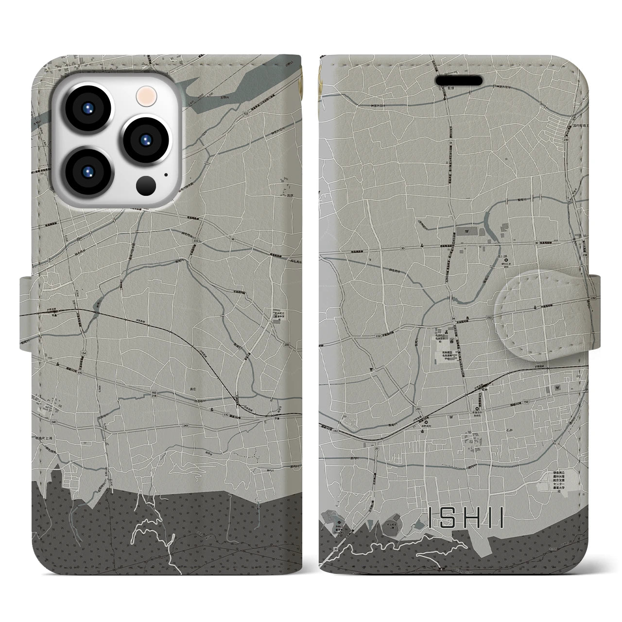 【石井(徳島県)】地図柄iPhoneケース(手帳タイプ)モノトーン・iPhone 13 Pro 用