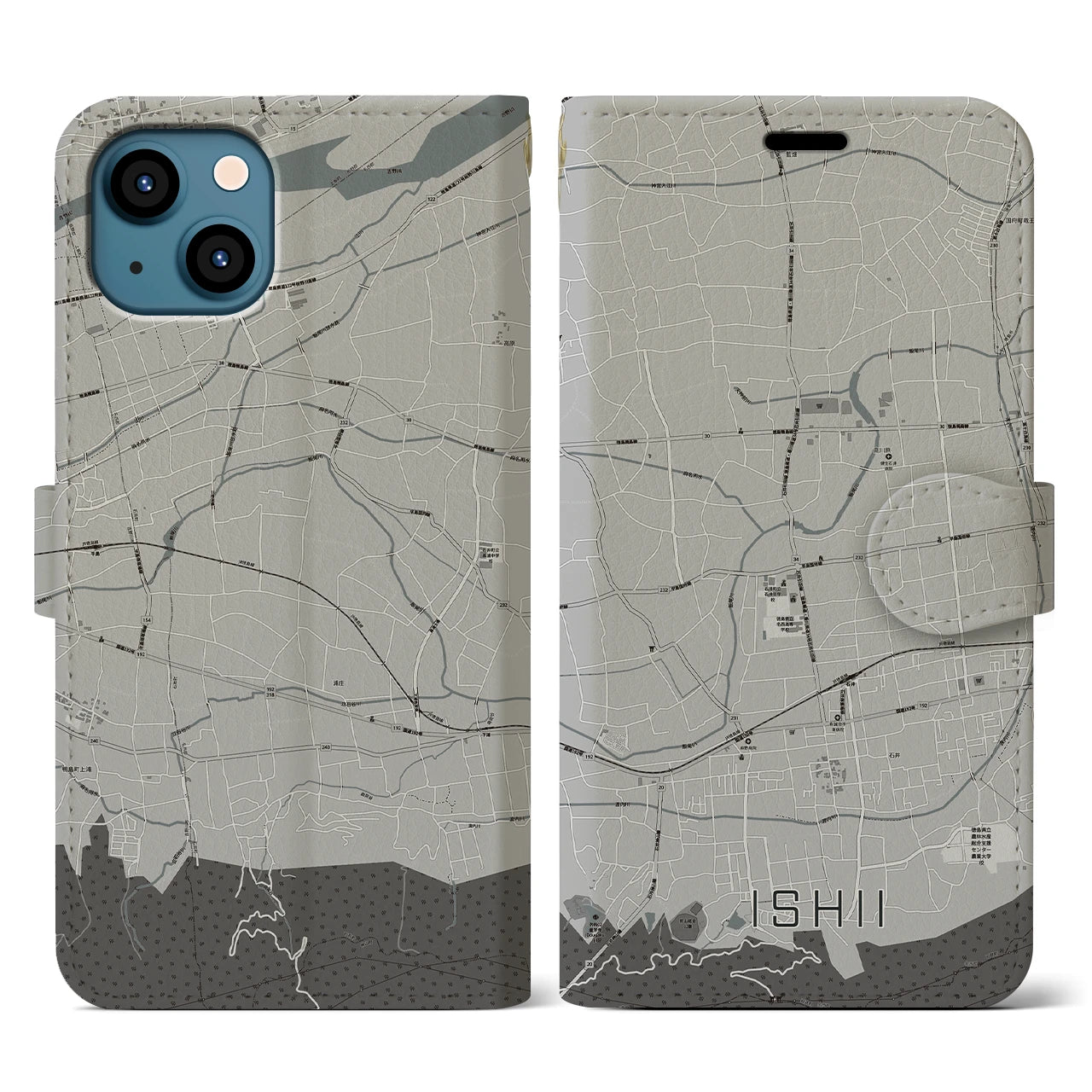 【石井(徳島県)】地図柄iPhoneケース(手帳タイプ)モノトーン・iPhone 13 用