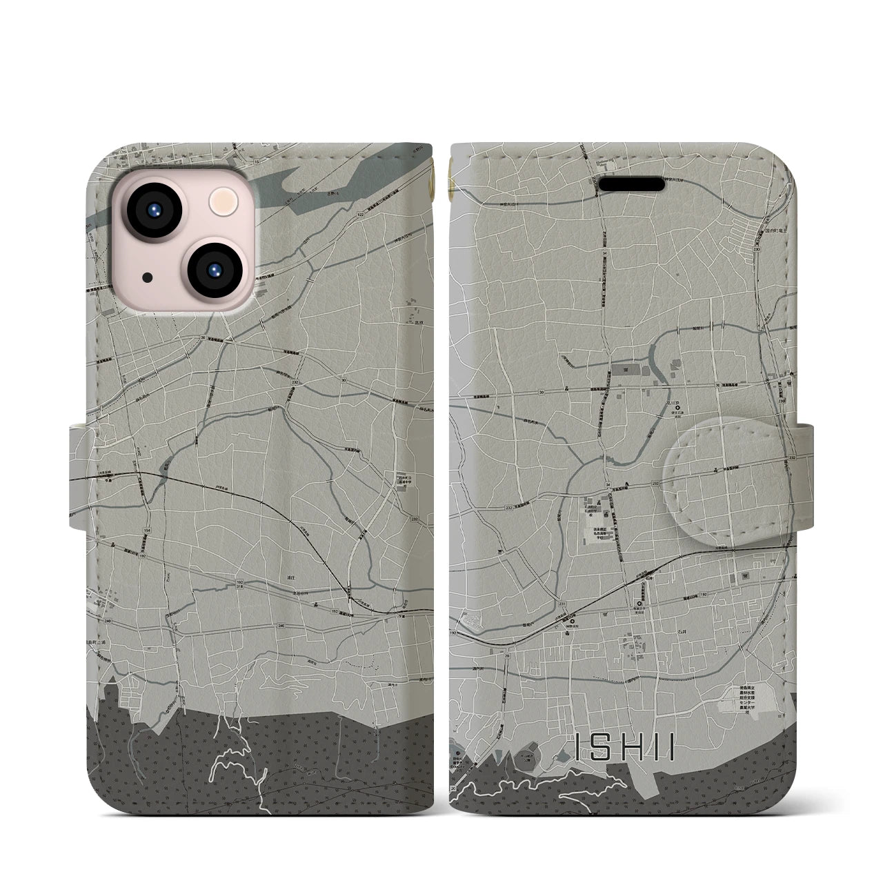 【石井(徳島県)】地図柄iPhoneケース(手帳タイプ)モノトーン・iPhone 13 mini 用