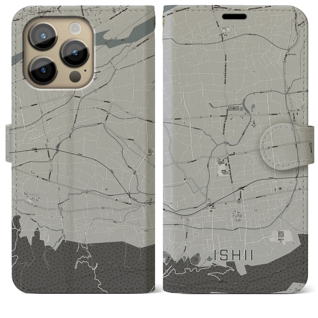 【石井(徳島県)】地図柄iPhoneケース(手帳タイプ)モノトーン・iPhone 14 Pro Max 用