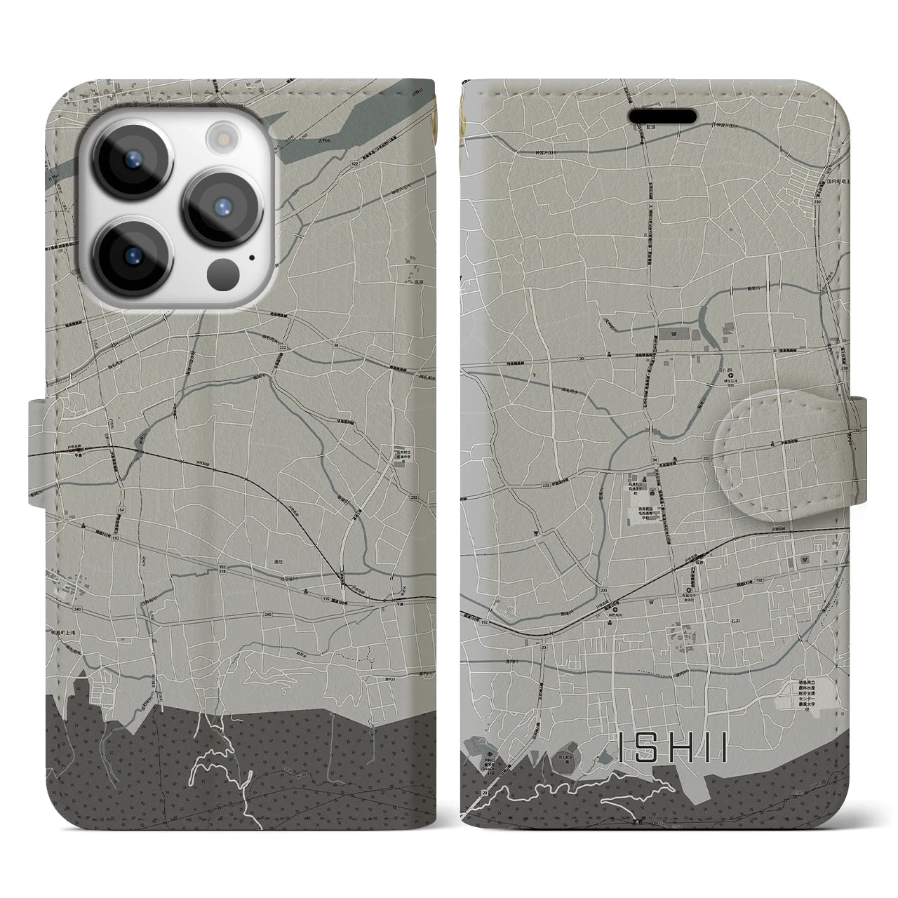 【石井(徳島県)】地図柄iPhoneケース(手帳タイプ)モノトーン・iPhone 14 Pro 用