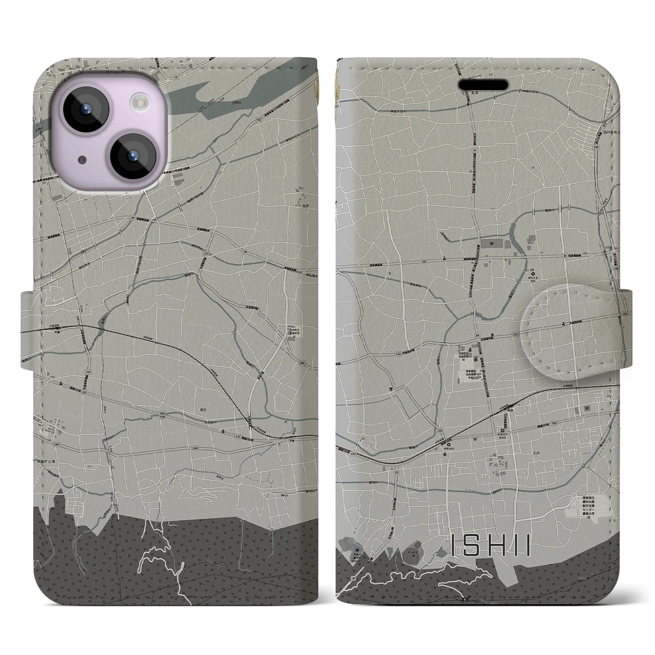 【石井(徳島県)】地図柄iPhoneケース(手帳タイプ)モノトーン・iPhone 14 用