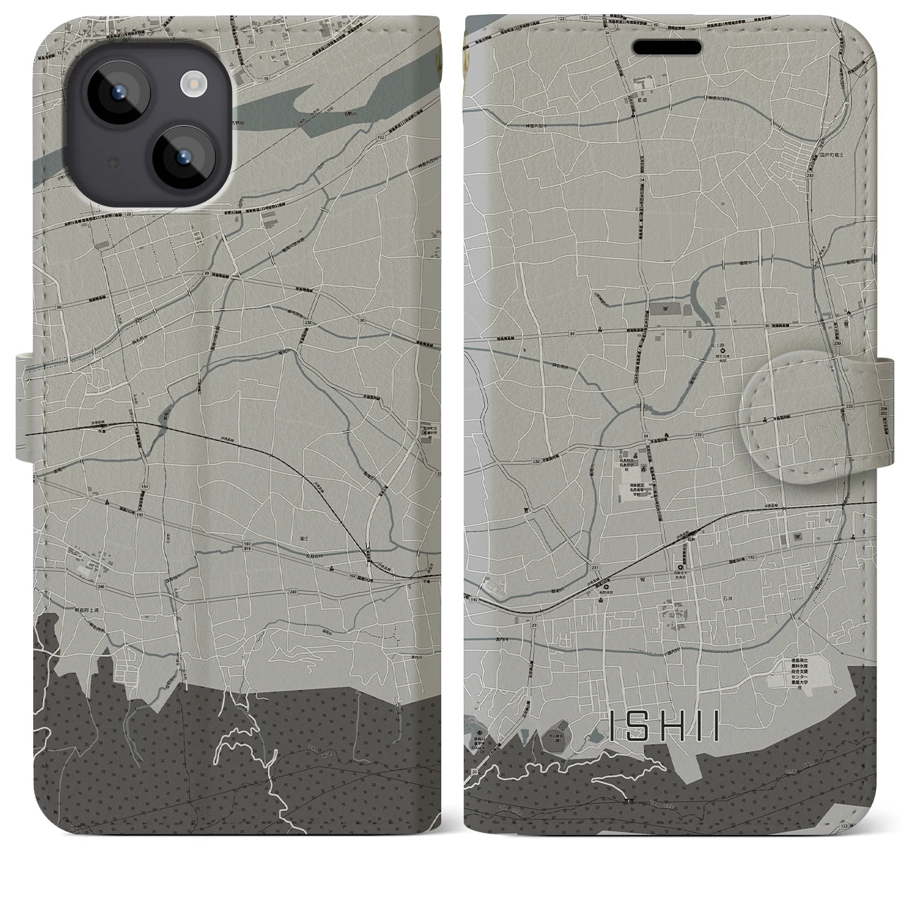 【石井(徳島県)】地図柄iPhoneケース(手帳タイプ)モノトーン・iPhone 14 Plus 用