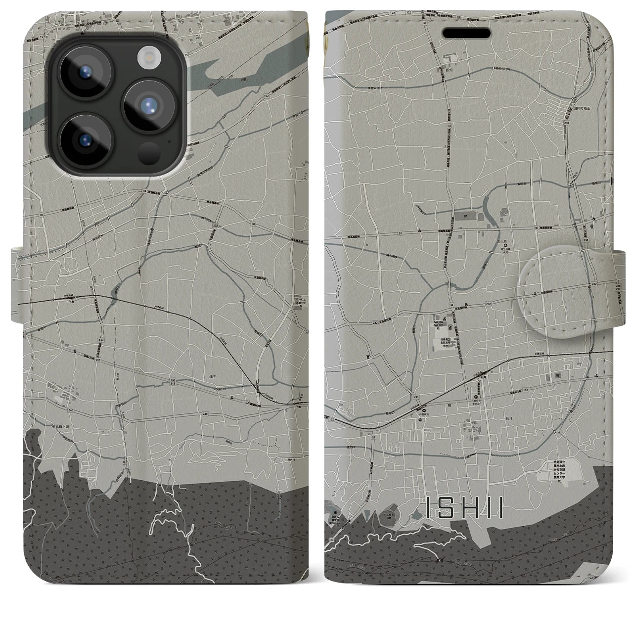 【石井(徳島県)】地図柄iPhoneケース(手帳タイプ)モノトーン・iPhone 15 Pro Max 用