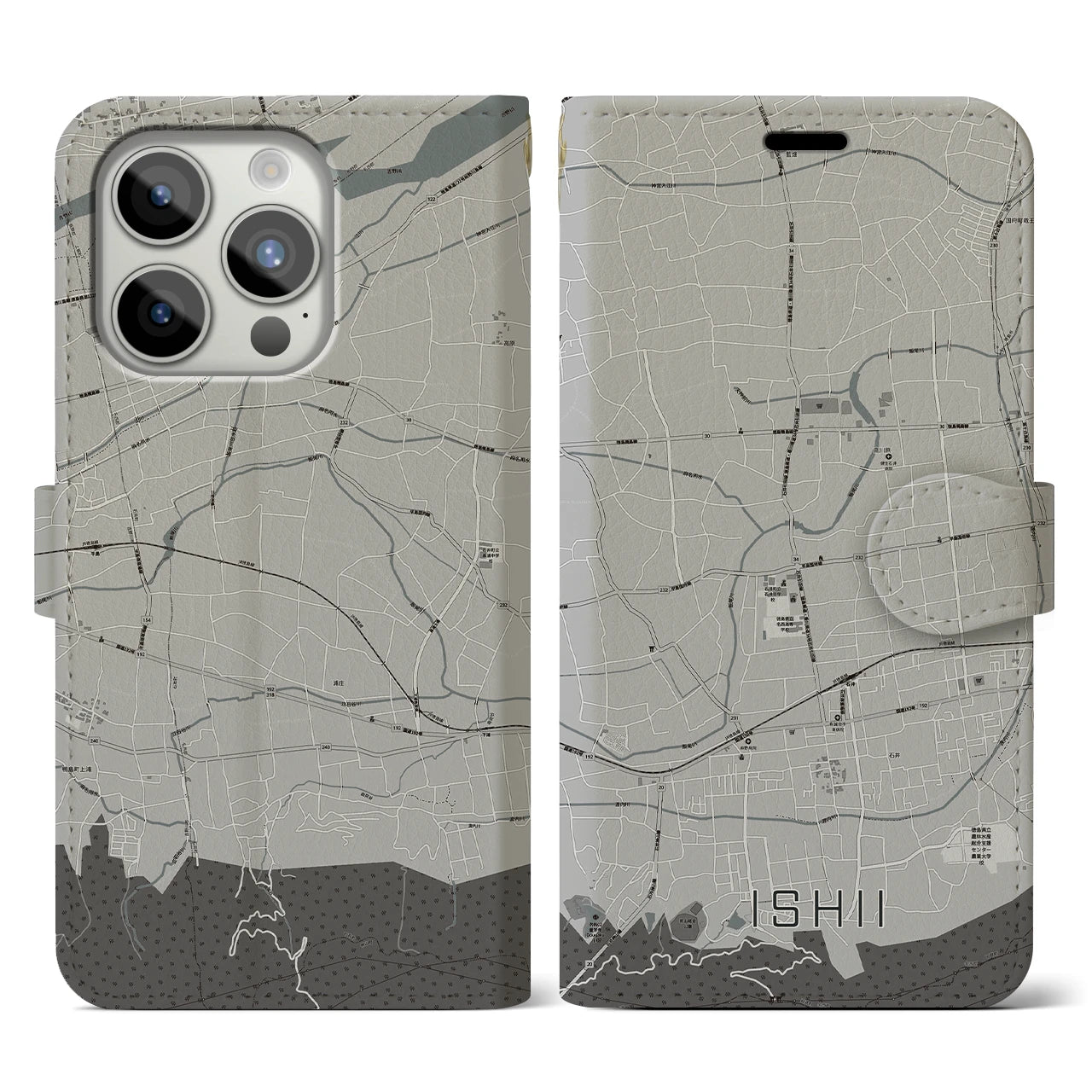 【石井(徳島県)】地図柄iPhoneケース(手帳タイプ)モノトーン・iPhone 15 Pro 用