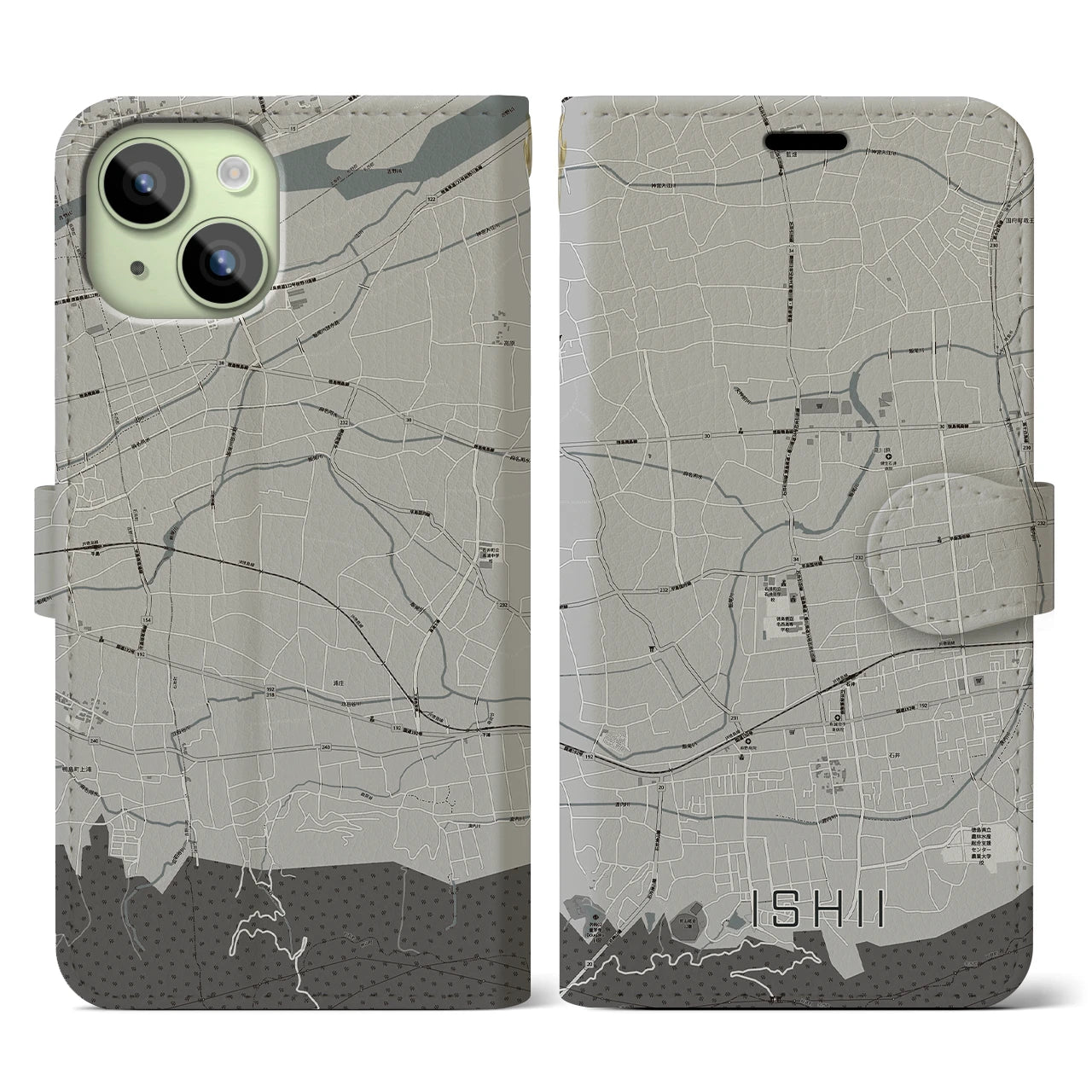 【石井(徳島県)】地図柄iPhoneケース(手帳タイプ)モノトーン・iPhone 15 用