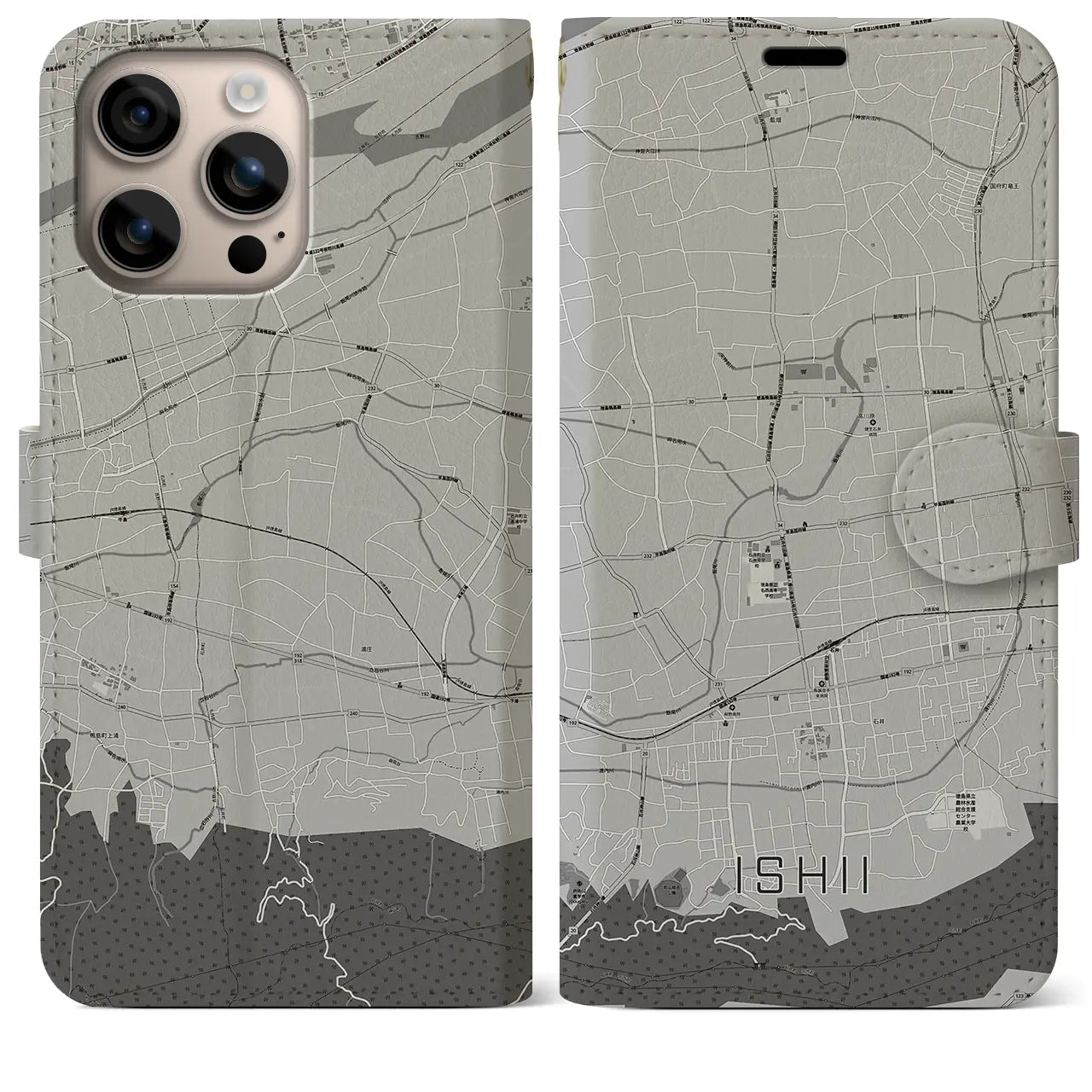 【石井(徳島県)】地図柄iPhoneケース(手帳タイプ)モノトーン・iPhone 16 Plus 用