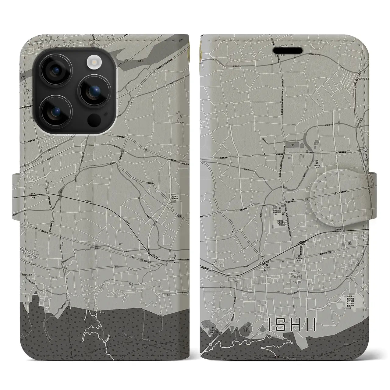 【石井(徳島県)】地図柄iPhoneケース(手帳タイプ)モノトーン・iPhone 16 用