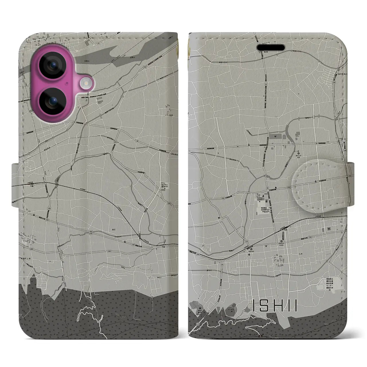 【石井(徳島県)】地図柄iPhoneケース(手帳タイプ)モノトーン・iPhone 16 Pro 用