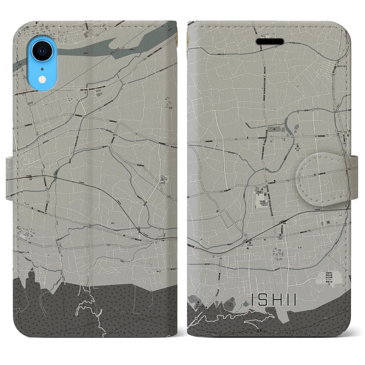 【石井(徳島県)】地図柄iPhoneケース(手帳タイプ)モノトーン・iPhone XR 用