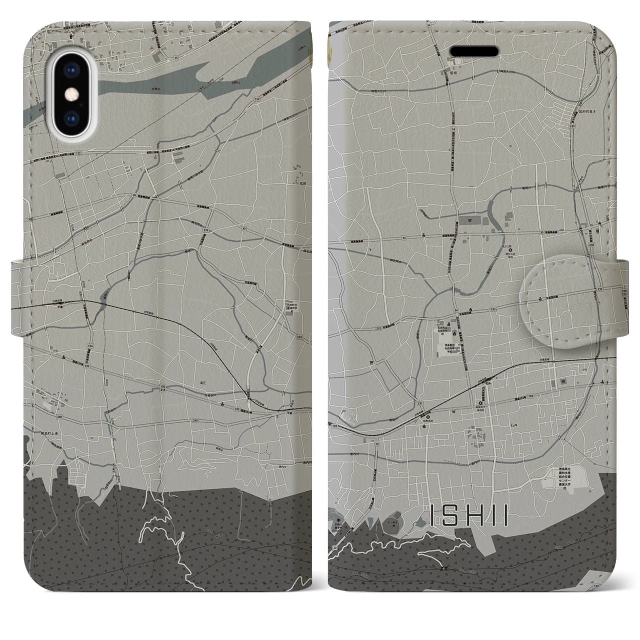 【石井(徳島県)】地図柄iPhoneケース(手帳タイプ)モノトーン・iPhone XS Max 用