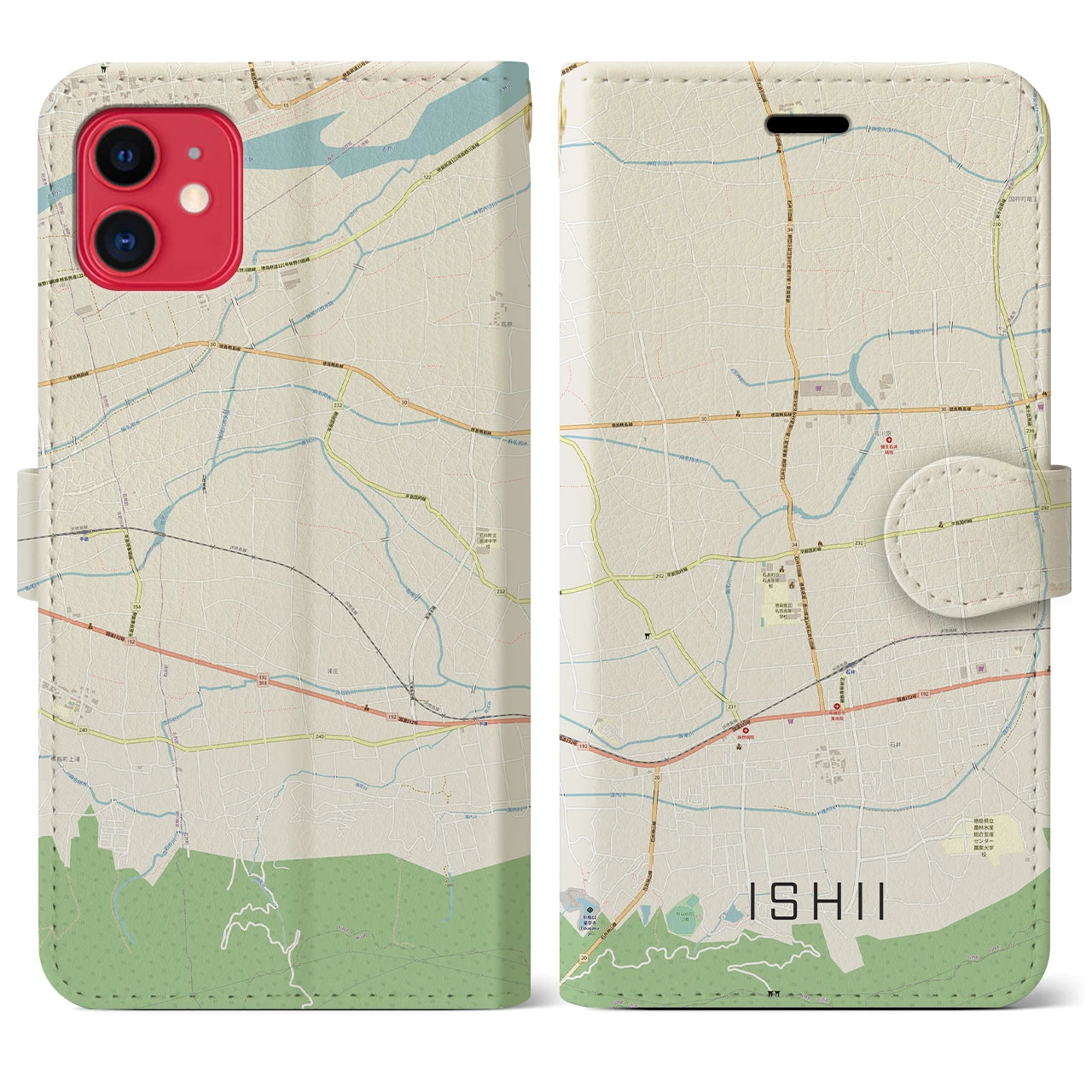 【石井(徳島県)】地図柄iPhoneケース(手帳タイプ)ナチュラル・iPhone 11 用