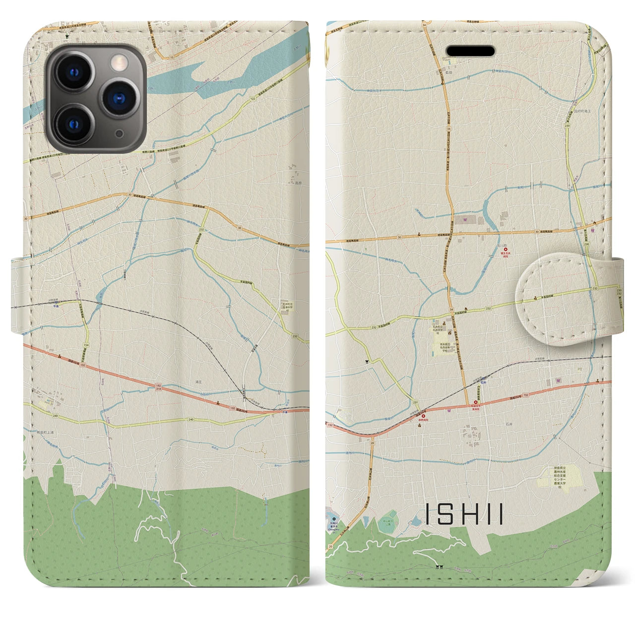 【石井(徳島県)】地図柄iPhoneケース(手帳タイプ)ナチュラル・iPhone 11 Pro Max 用