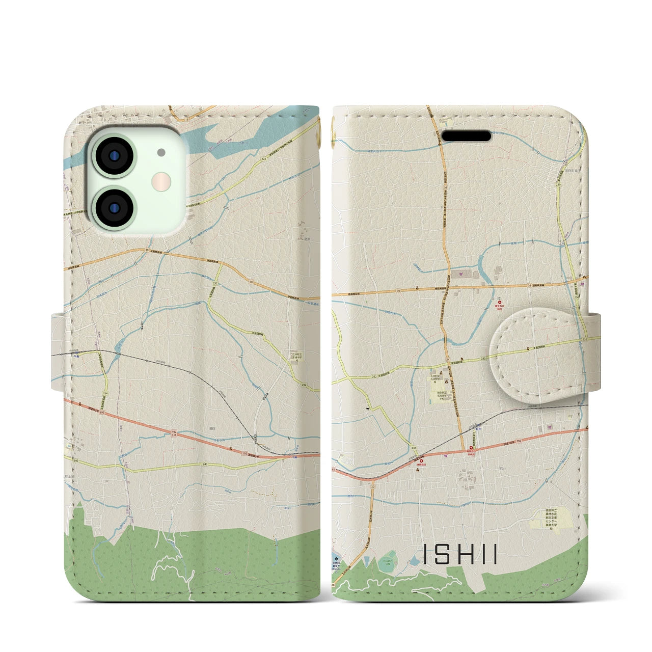 【石井(徳島県)】地図柄iPhoneケース(手帳タイプ)ナチュラル・iPhone 12 mini 用