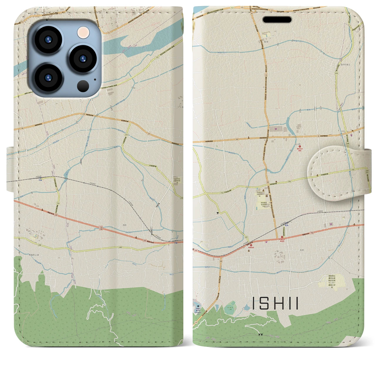 【石井(徳島県)】地図柄iPhoneケース(手帳タイプ)ナチュラル・iPhone 13 Pro Max 用