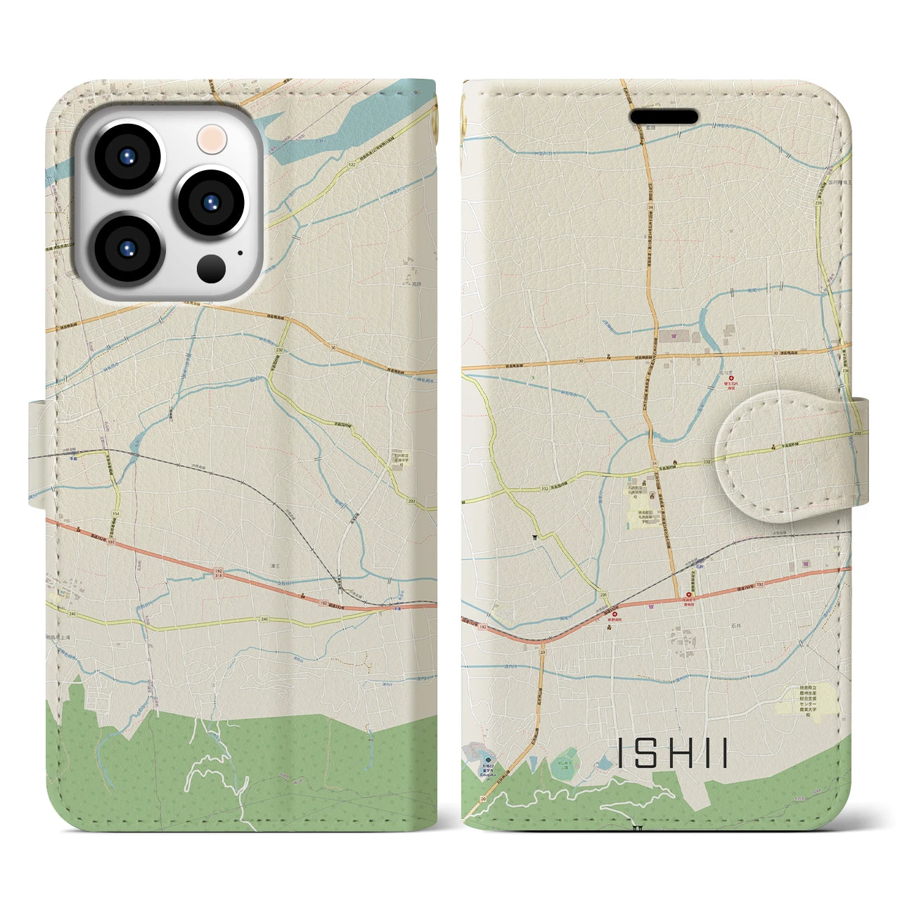【石井(徳島県)】地図柄iPhoneケース(手帳タイプ)ナチュラル・iPhone 13 Pro 用