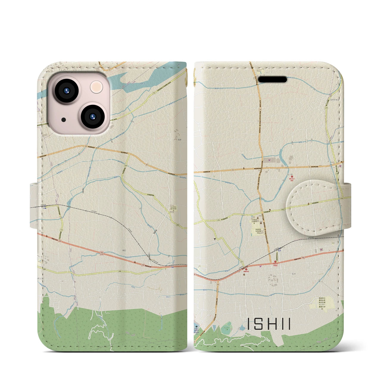 【石井(徳島県)】地図柄iPhoneケース(手帳タイプ)ナチュラル・iPhone 13 mini 用