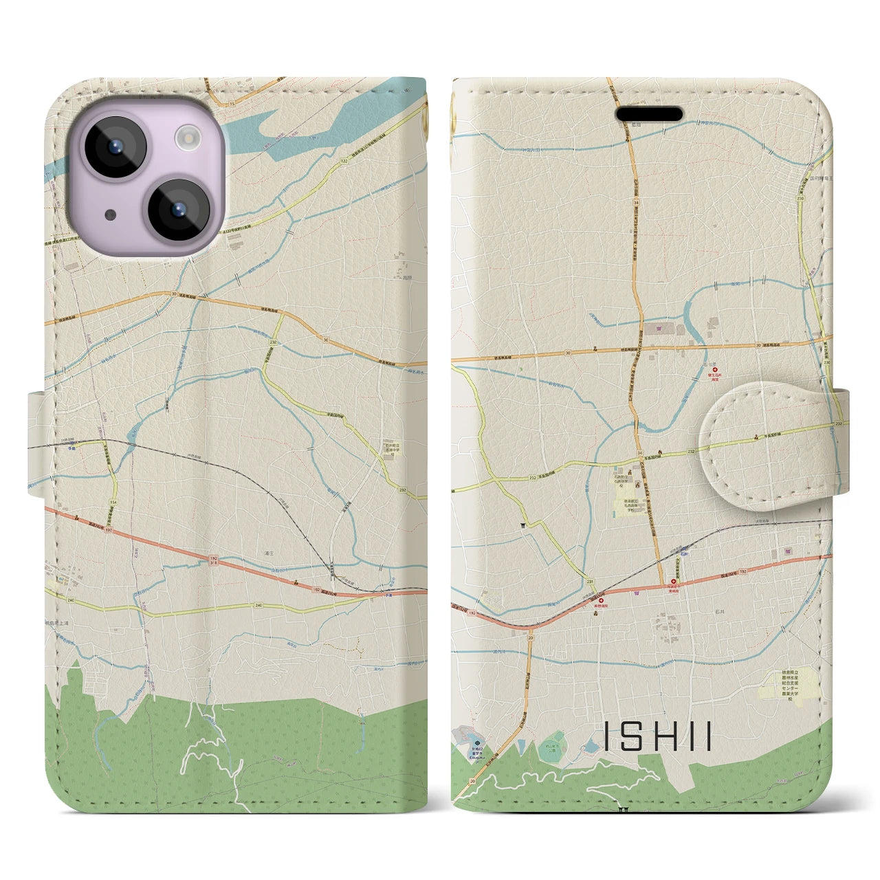 【石井(徳島県)】地図柄iPhoneケース(手帳タイプ)ナチュラル・iPhone 14 用