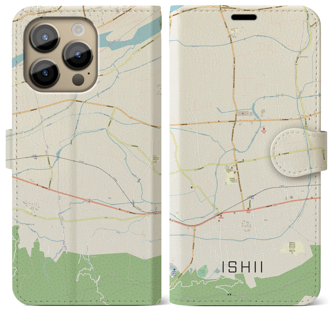 【石井(徳島県)】地図柄iPhoneケース(手帳タイプ)ナチュラル・iPhone 14 Pro Max 用