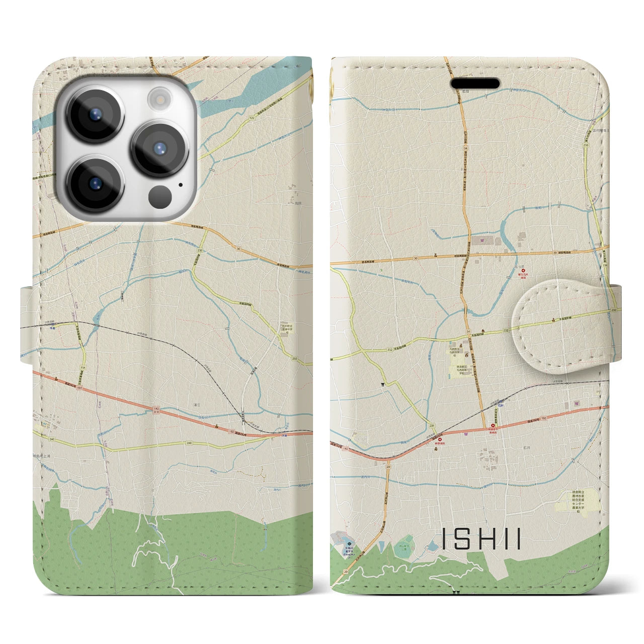 【石井(徳島県)】地図柄iPhoneケース(手帳タイプ)ナチュラル・iPhone 14 Pro 用