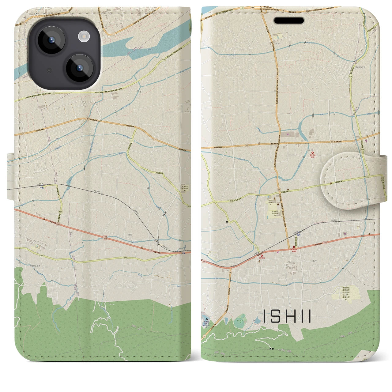 【石井(徳島県)】地図柄iPhoneケース(手帳タイプ)ナチュラル・iPhone 14 Plus 用
