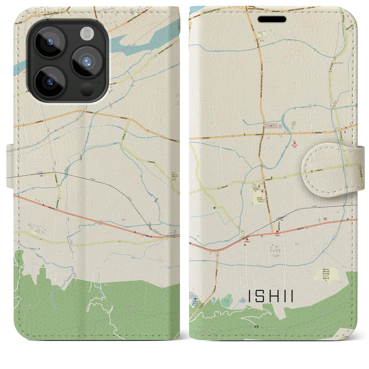 【石井(徳島県)】地図柄iPhoneケース(手帳タイプ)ナチュラル・iPhone 15 Pro Max 用
