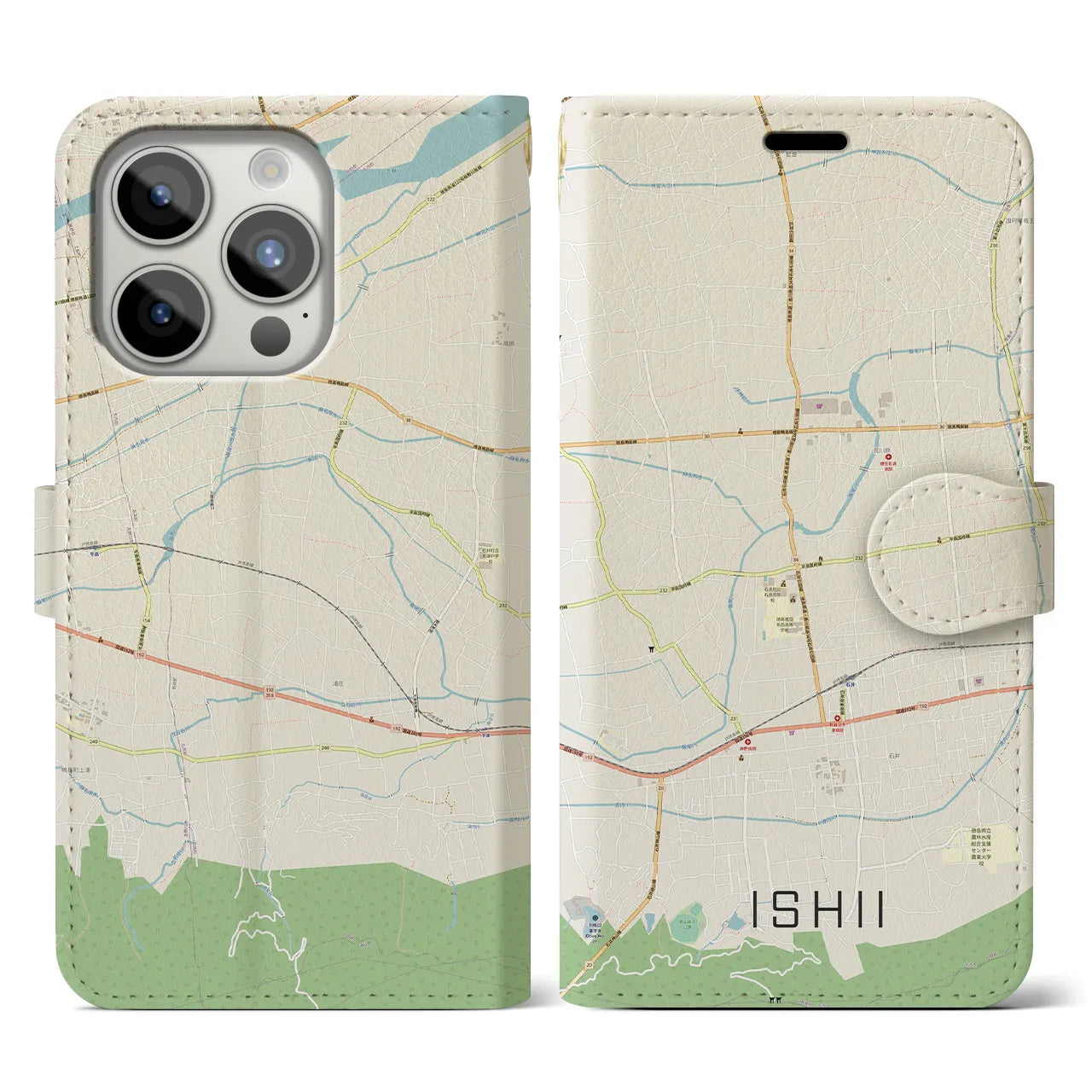 【石井(徳島県)】地図柄iPhoneケース(手帳タイプ)ナチュラル・iPhone 15 Pro 用