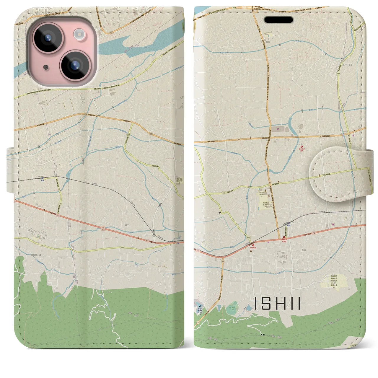 【石井(徳島県)】地図柄iPhoneケース(手帳タイプ)ナチュラル・iPhone 15 Plus 用