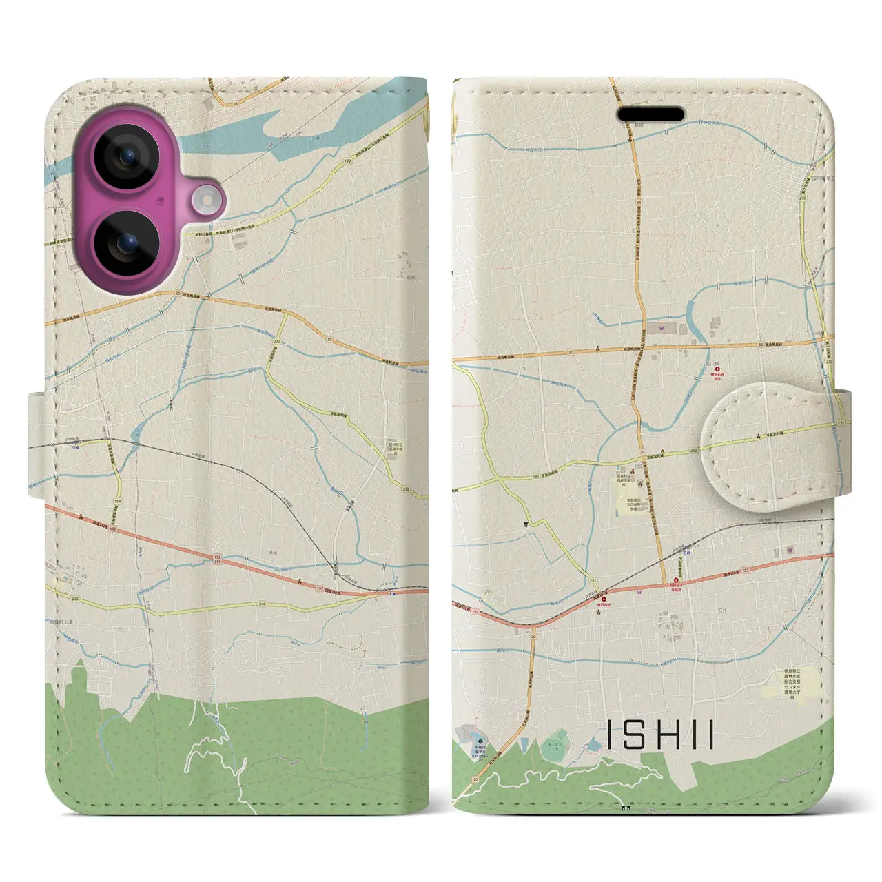 【石井(徳島県)】地図柄iPhoneケース(手帳タイプ)ナチュラル・iPhone 16 Pro 用