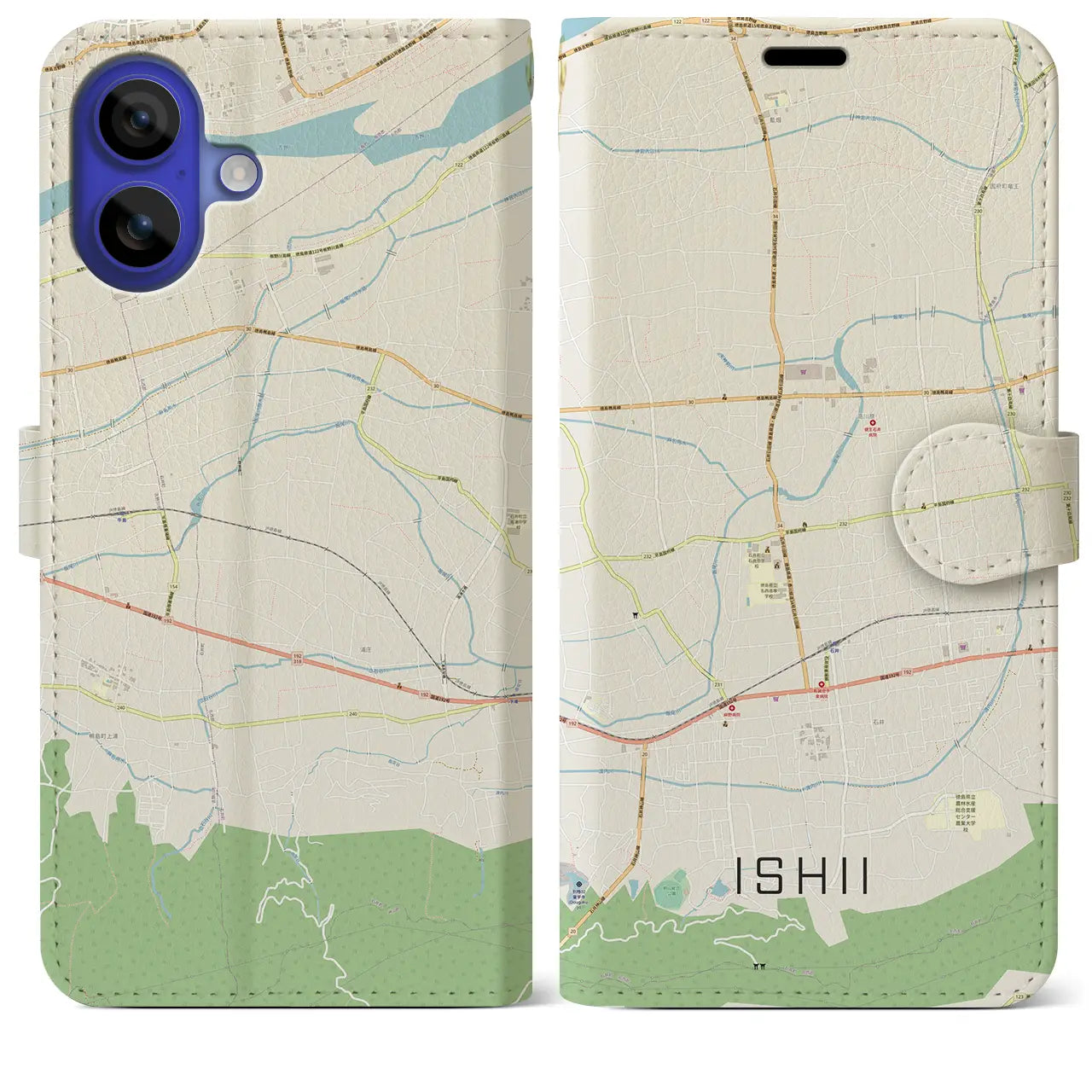 【石井(徳島県)】地図柄iPhoneケース(手帳タイプ)ナチュラル・iPhone 16 Pro Max 用