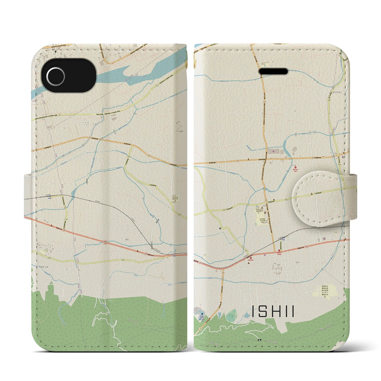 【石井(徳島県)】地図柄iPhoneケース(手帳タイプ)ナチュラル・iPhone SE(第3 / 第2世代) / 8 / 7 / 6s / 6 用