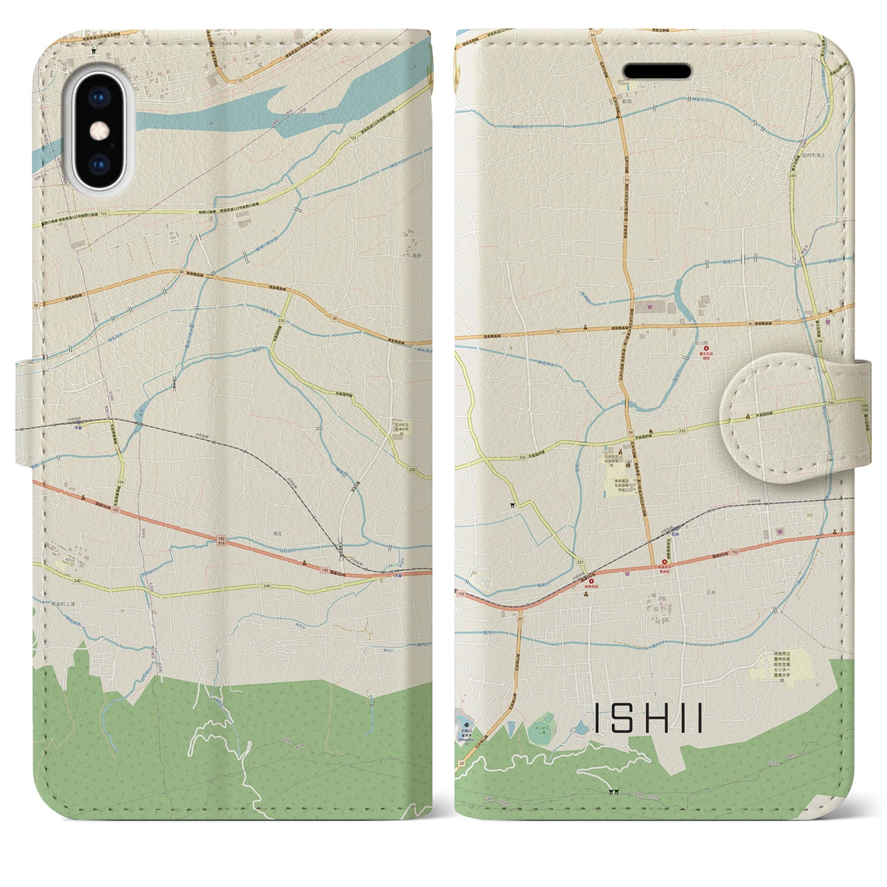 【石井(徳島県)】地図柄iPhoneケース(手帳タイプ)ナチュラル・iPhone XS Max 用