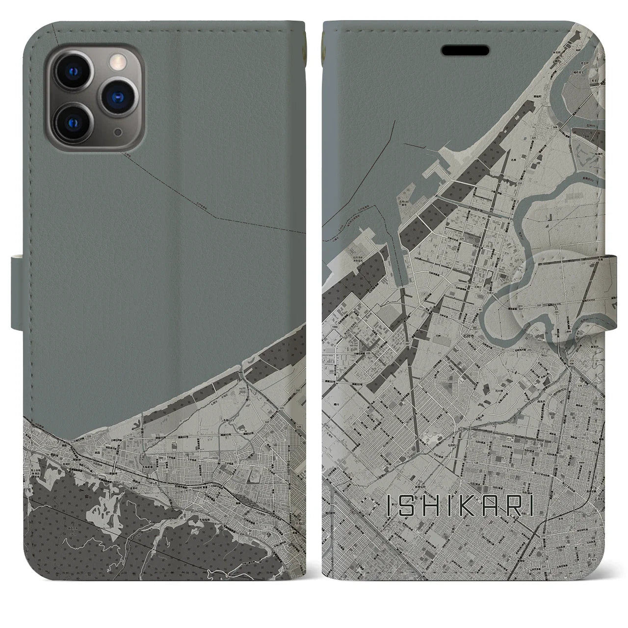 【石狩(北海道)】地図柄iPhoneケース(手帳タイプ)モノトーン・iPhone 11 Pro Max 用