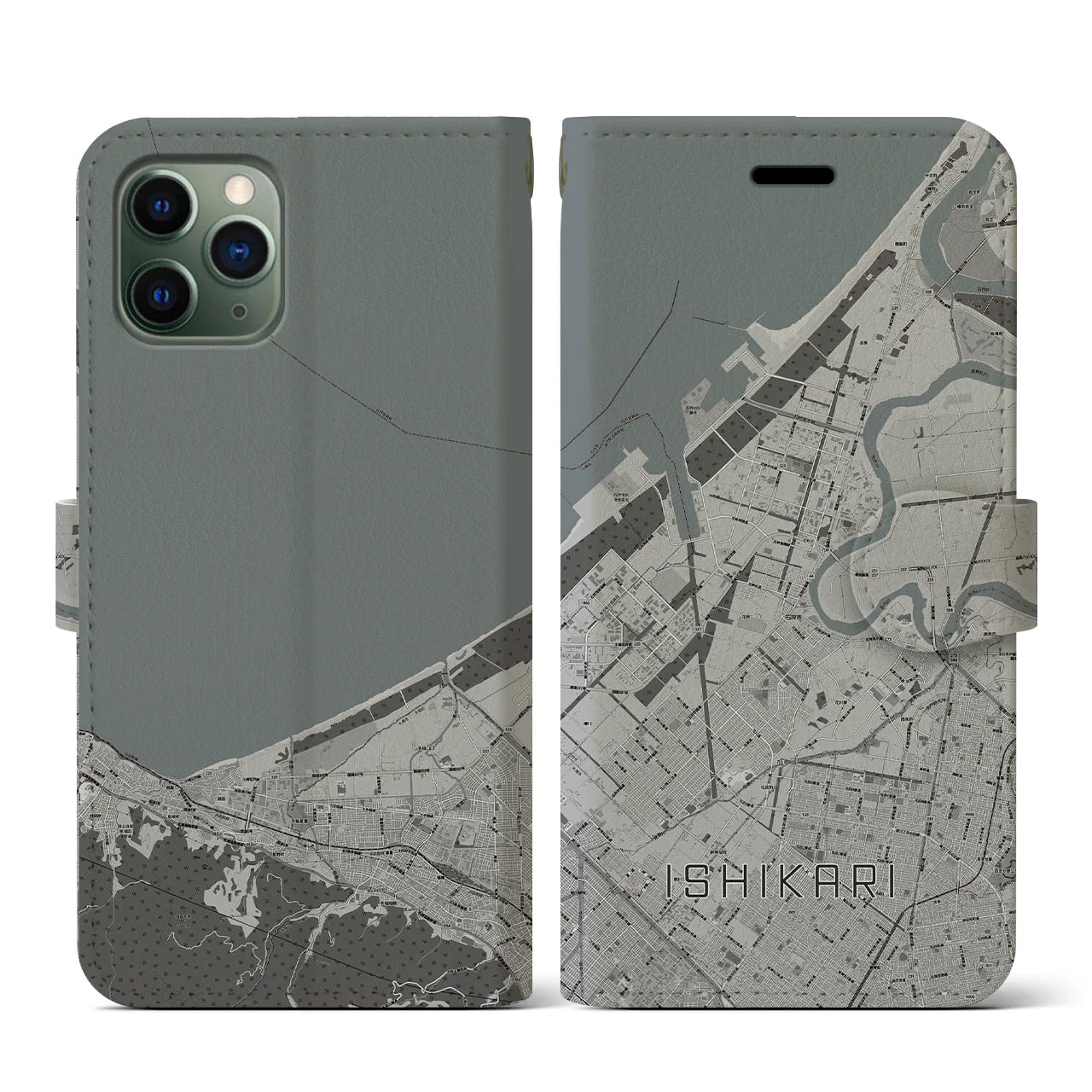 【石狩(北海道)】地図柄iPhoneケース(手帳タイプ)モノトーン・iPhone 11 Pro 用