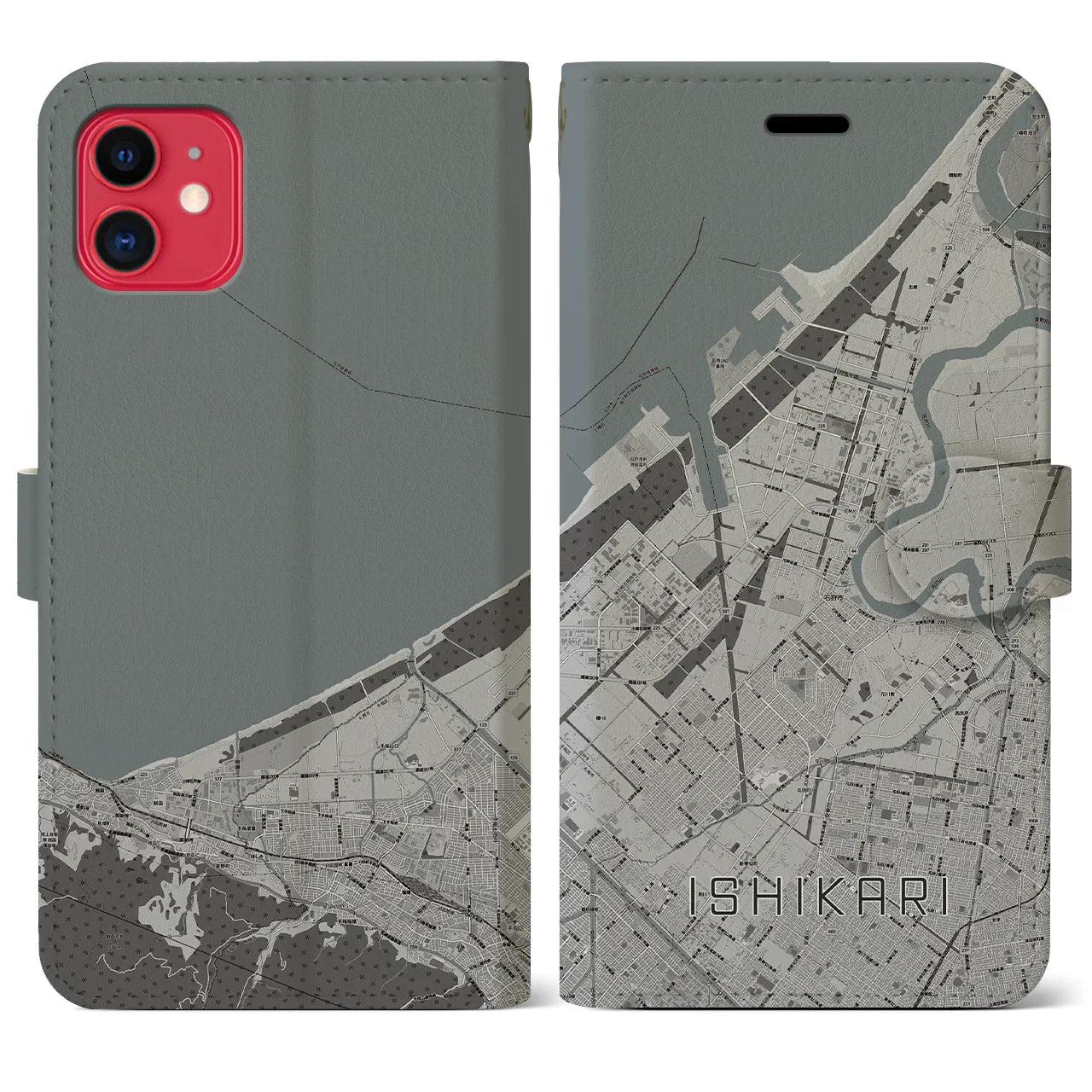 【石狩(北海道)】地図柄iPhoneケース(手帳タイプ)モノトーン・iPhone 11 用