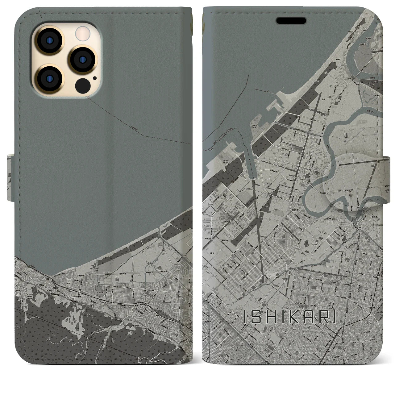 【石狩(北海道)】地図柄iPhoneケース(手帳タイプ)モノトーン・iPhone 12 Pro Max 用