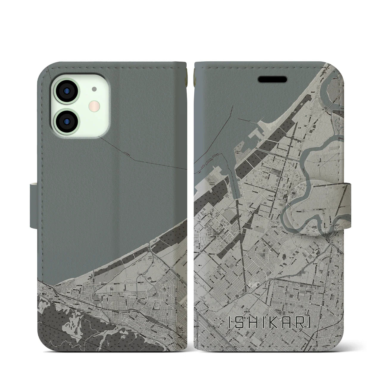 【石狩(北海道)】地図柄iPhoneケース(手帳タイプ)モノトーン・iPhone 12 mini 用